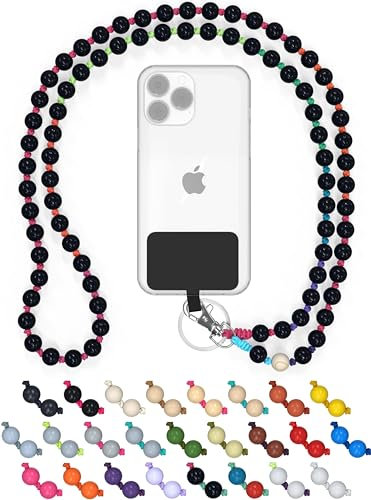 DROPLETSY Holzperlen Handykette universal, Schlüsselband, Kette, Necklace zum Umhängen - kompatibel mit Allen Smartphones: Apple iPhone, Samsung Galaxy (ohne Hülle, BlackRainbow)
