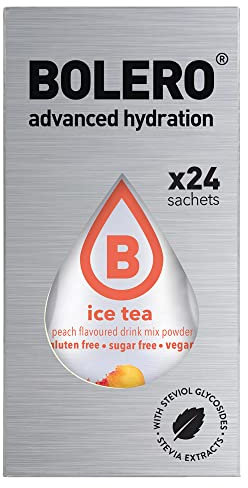 Bolero Drink 24 Bustine 3 gr grammi Sticks Frutta Preparato Polvere Solubile Per Bevanda Fresca in Acqua Prodotto, 72 grammi dolcificato alla stevia (Ice Tea Peach)