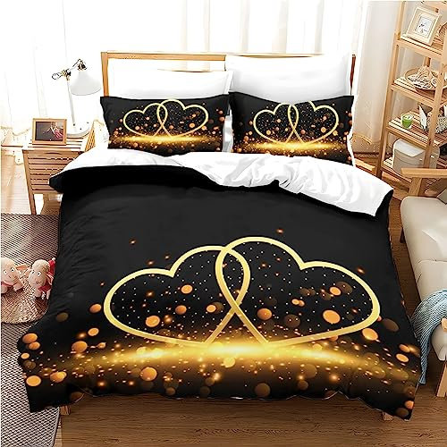Freyamy 3D Herz Bettwäsche 220x240cm 3teilig Schwarz Gold Herzmotiv Liebe Luxus Bettwaren-Sets Mikrofaser Weiche Kinderbettwäsche Mädchen Bettbezug mit Reißverschluss und 2 Kissenbezug 80x80cm