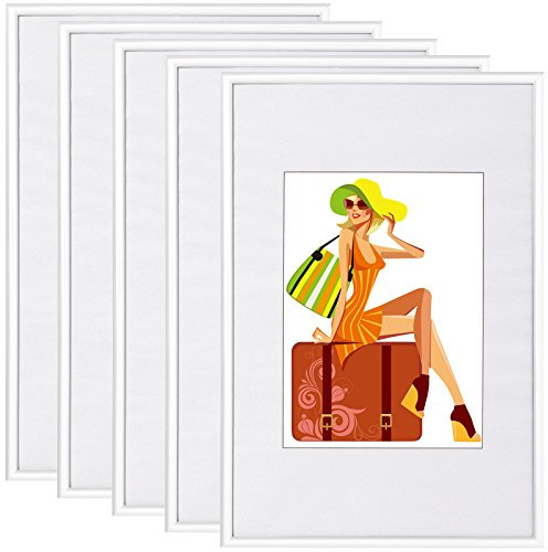 WOLTU Lot de 5 Cadre Photo 40x60 cm avec Passe Partout, Cadre et Plaque en Plastique pour Décoration Murale ou sur Table, à Poser Horizontalement ou Verticalement, Blanc