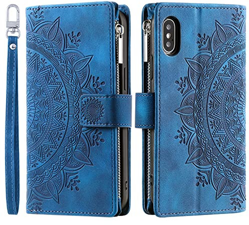VEEMOS Wallet Case for iPhone XS MAX Flower Flip Case Protective Leather Folio Book Phone Cover with Card Slots Kickstand Zipper Pocket - Blue