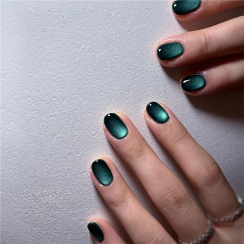 Dynamic Green Cat Eye Fake Nail Short Square Press on Nails Tips Nail Art Decoration for Women and Girls Manicure 24pcs
