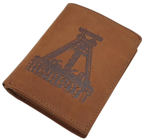 myledershop Echt Büffel-Vollleder Geldbörse/Geldbeutel/Portemonnaie/Geldtasche in Hoch- oder Querformat mit Ruhrpott-Motiv und RFID & NFC Schutz (Modell 1 / Hochformat/Cognac)