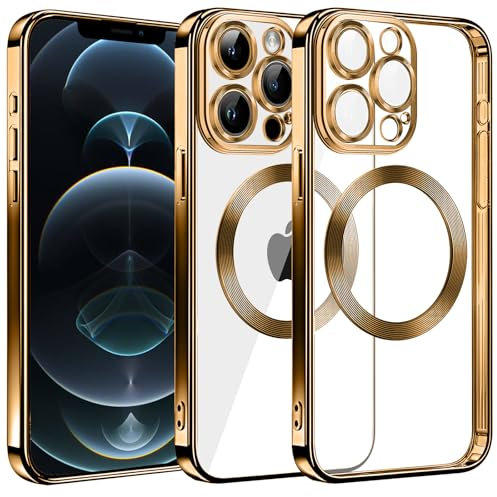 S. Dawezo Klare Magnetische Hülle für iPhone 12 Pro Max, kompatibel mit MagSafe Kabelloses Laden, Militärnorm Schutz, Kratzfest, Stoßfest, Schlanke Transparente für iPhone 12 Pro Max Hülle, Gold