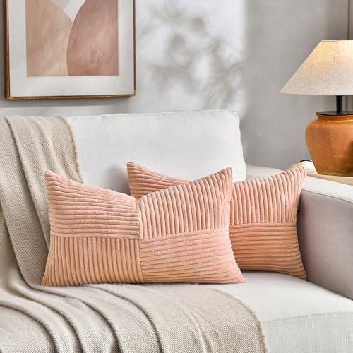 FDTERN Lot de 2 Boho Housse de Coussin 30x50 Rose pêche,à Motif Croisé Decoration Housses de Coussin en Velours Côtelé,Douillet Taie d'oreiller Housse Coussin Moderne pour Canapé Chambre Chaise Lit