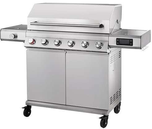Tarrington House Barbecue a Gas con 6+1 Bruciatori Glenwood, Acciaio Inox, Tavolini Laterali, Termometro Digitale, Ruote, Argento