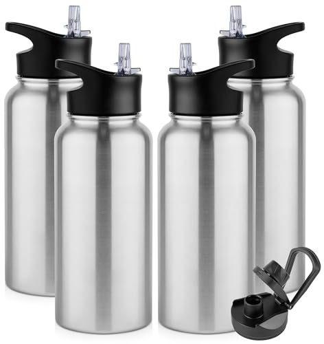 MURBONE Edelstahl Trinkflasche 1L (+2 Deckel)-mit Strohhalm,BPA frei,Thermosflasche Auslaufsicher,Kohlensäure Geeignet,Thermoskanne Vakuum Doppelwandisolierung für Sport, Reisen, Camping(4er Set)