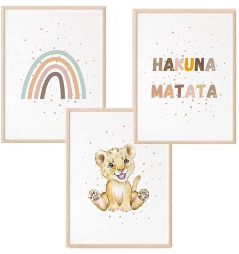 Mutzauber 3er Set Poster Kinderzimmer A4 | Kinder Wandtattoo | Deko Babyzimmer Jungen Mädchen | Löwe Regenbogen Hakuna Matata ohne Rahmen (bunt, Löwe)