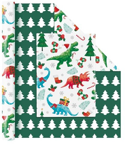 WERNNSAI Dinosaurier Weihnachtsgeschenkpapier – 1 Rolle 43 cm x 10 m Buntes Weihnachts und Silvestergeschenkpapier dekorative Kunst mit niedlichem Dinosaurier Cartoon für Jungengeburtstage