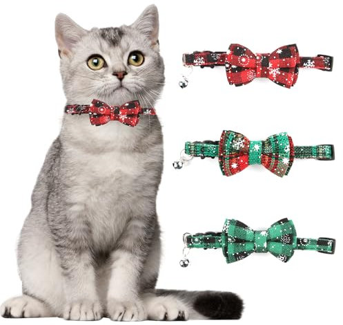 3Stk Weihnachten Katze Halsband Verstellbar, Rote Grüne Karierte Schneeflocken Katzenhalsbänder mit Fliege & Glocken Weihnachten Katzenkostüm Accessories Zubehör, Einfach zu tragen und zu entfernen