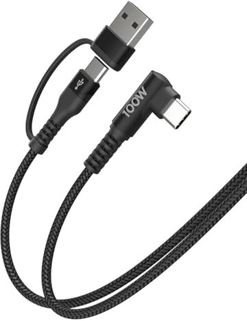 MINLU Cable USB C a USB C 100W 90 Grados, Cargador Nylon Trenzado Tipo C 5A Carga Rápida, Compatible Con iP 15/Pro/Plus/Max, MacBook Pro/Air, Huawei, Galaxy (Negro, 30cm)