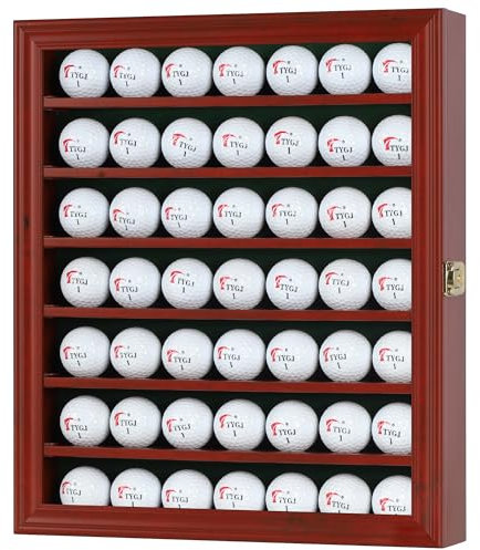 DisplayGifts 49 Golfball-Vitrine, Ständer, Aufbewahrung, Wandmontage, 7 Ablagen, Vitrine, Schattenbox mit abschließbarer Tür, tolles Geschenk (49 Ballhalter, Kirsch-Finish)
