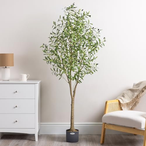 CHRISTOW Artificial Olive Tree, Indoor Outdoor House Plant Decoration, Faux Olives & Lifelike Feel-Real PEVA Leaves, Pre Potted in Weighted Faux Cement Pot for Living Room Bedroom Office (6ft/180cm)
