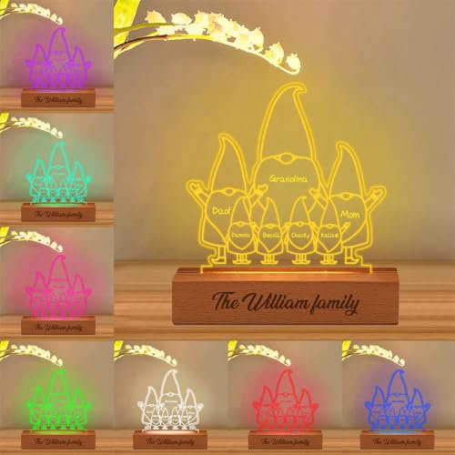 MYZQIFF Personalisiertes „Frohe Weihnachten“-Familien-Zwerg-Nachtlicht, individuelle 3D-Weihnachtszwerg-LED-Lampe mit Familiennamen, leuchtende Weihnachtszwerg-Dekor-Nachtlicht