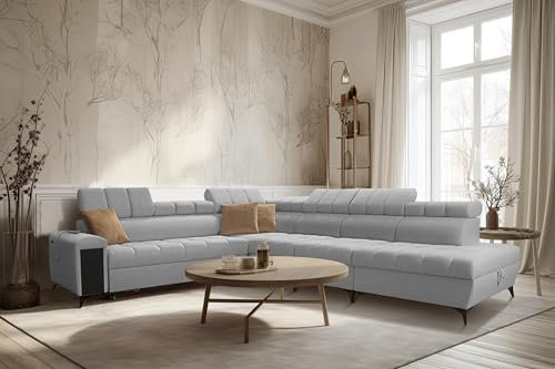 All4All Ecksofa mit Schlaffunktion Gonti XII 369 x 276 cm - Schlafsofa mit Bettkasten - Sofa in L-Form - Wohnlandschaft XXL Sofa - Eckcouch Groß - Seite Rechts - Hellgrau - Gewebe - Modern 26