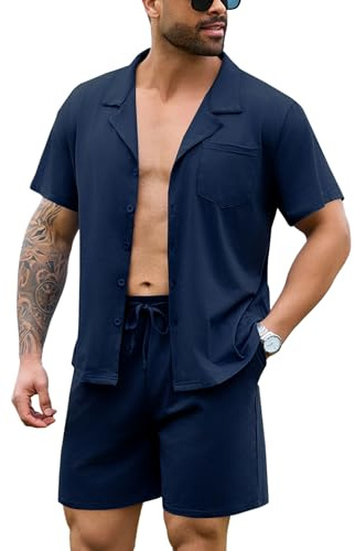 Irdcomps Pyjama Homme Coton Court Ete Ensemble de Pyjamas été Vêtements De Nuit Vêtements de détente à Manches Short Pyjama Col Rond Loungewear 2 Pièces Confortable Doux