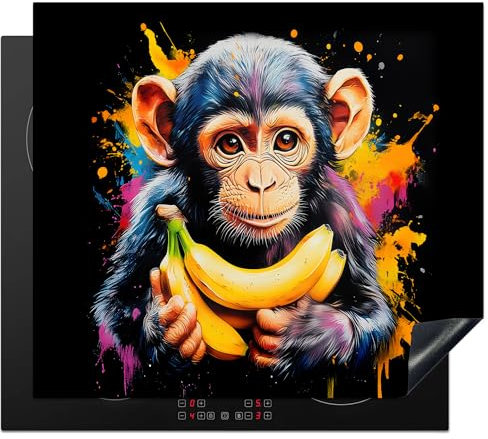 KitchenYeah© Copri Piano Induzione 60x52 cm Cucina Coprifornelli Copertura Protezione Cottura Tutto per la Cucina Scimmia - Graffiti - Colorati - Banane - Moderno