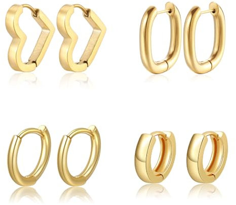 Gold Creolen Ohrringe Set, 4 Paar Vergoldete Creolen Gold Kleine für Damen, Hypoallergen Knorpel Huggie Creolen, Herz Piercing Ohrringe Gold für Mehrere Ohrlöcher