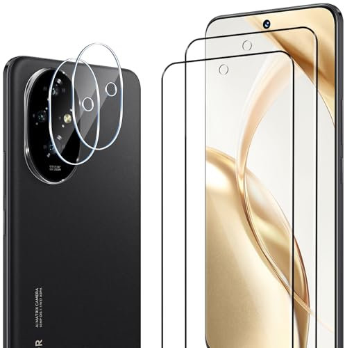 ELYCO Compatible avec Honor 200 Verre Trempé, 2 Pièces 3D Protection Écran + 2 Pièces Caméra Arrière Protecteur, 9H Dureté sans Bulles Anti-Huile/Anti-Rayures/Anti-Empreinte HD Film Protection Décran