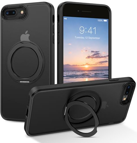 DOMAVER iPhone 7 Plus/iPhone 8 Plus Hülle mit Stander, Handyhülle iPhone 7 Plus/iPhone 8 Plus Case kompatible mit Mag Safe, Matt Transparente Ultra Dünne Rundumschutz Magnetisch Schutzhülle, Schwarz