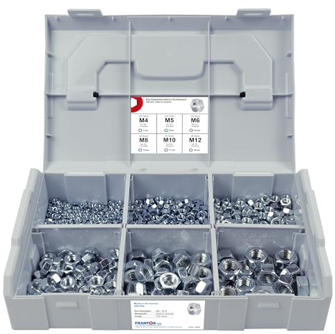 FRANTOS L-BOXX Mini DIN 934 Sechskantmuttern Sortiment, M4 bis M12 740 tlg. (Stahl verzinkt) - Sechskant Muttern Schraubenmuttern Set