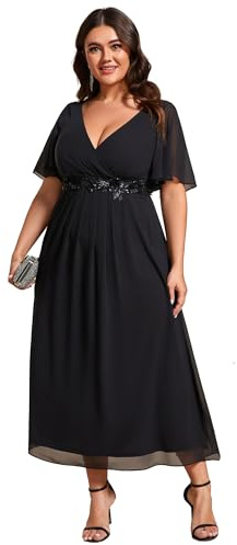 Ever-Pretty Plus Size Women's Breathable Wedding Guest Dress Short Cap Sleeves with Delicate Applique Elegant Mother of The Bride Outfits Black 18UK