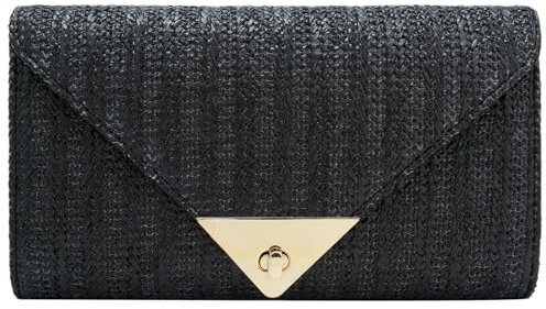 YYW Raffia Straw Clutch Bag for Women UK Lightweight Summer Crossbody with Triangle Metal Clasp, Versatile Holiday Evening Beach Handbag (Black)