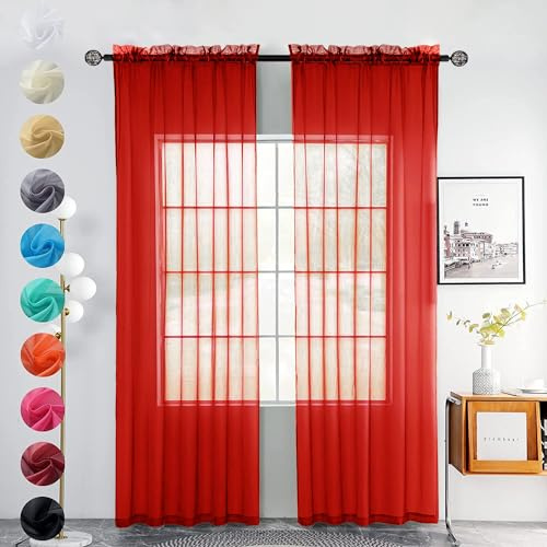 Youleyar 2 Set Sheer Transparente Gardine aus Voile Polyester Stab-Taschenfenster Transparent Vorhänge Wohnzimmer Dekoration für Schlafzimmer W140 X H245 cm Rot