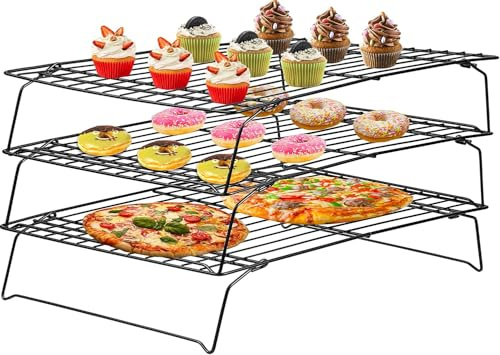 Notcilgias 3-Ebenen Abkühlgitter 40×25 cm, Kuchengitter/Backrost/Auskühlgitter aus robustem Kohlenstoffstahl, stapelbar & platzsparend, spülmaschinenfest, ideal für Kuchen, Kekse und Plätzchen