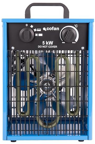 Cofan Calefactor industrial 5000 W | 3 niveles de potencia | Termostato ajustable | Función ventilador |Enchufe tipo trifásico (5 pines) | Adecuado para uso industrial