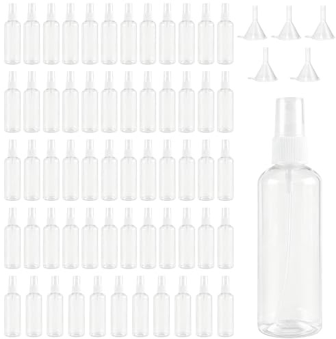 60PCS Plastic Spray Bottle, Clear 100ml Spray Bottles with 5 Funnels | CHIHEUNG PET Refillable Travel Misters, Leakproof Fine Mist Containers for Cleaning, Scent, Gardening, Cosmetics
