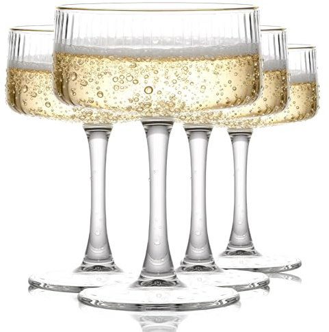 Verre à coupe vintage en cristal strié - Ensemble de verres à martini, champagne et cocktails de 260 ml (9 oz) | Verres gobelet à ondulations dorées, 4 pièces, cadeau de crémaillère.
