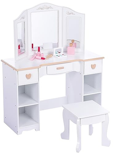GarveeHome 2 in 1 Schminktisch Kinder Set, Kinderschminktisch mit Spiegel, Schminktisch für Mädchen, Kinderschminktisch mit Hocker, Schubladen, Offenen Fächern, Prinzessin Frisiertisch Holz, Weiß