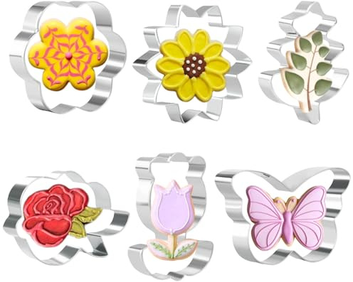 Blumen Ausstechformen Frühling, 6 Stück Edelstahl | Rose, Tulpe, Schmetterling, Blatt, Blume und Sonnenblume für Fondant und Frühlingsgebäck