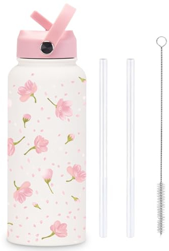 Floral Girls Water Bottle, 32oz Stainless Steel Pink Water Bottle with Handle, Portable Cute Insulated Water Bottles for Women Girls Teens