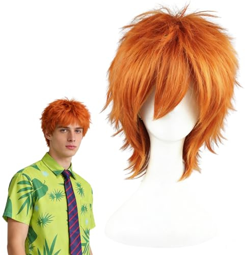 Kurze Orange Cosplay Perücke, Flauschiger Anime Wig, Kunstfaserperücke, mit Haarnetz, für Halloween, Karneval, Themenpartys und Kostüm-Events
