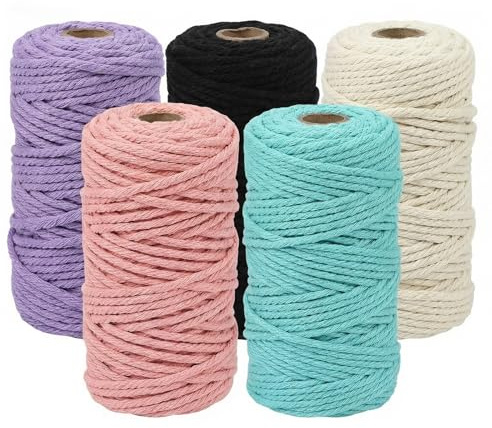 5 Rollos Hilo Macrame 3mm x 50m, Hilo Crochet, Cordón de Algodón Natural
