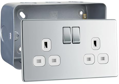 Polished Chrome Screwless 13A Flat Plate Double Electrical Socket Switch & Surface Pattress Back Box