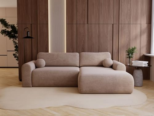 GRAINGOLD Savana L 257x177 cm, L-Form Sofa, Schlafcouch für Wohnzimmer, Velours-Stoff, 3-Sitzer Eckcouch, Ecksofa mit Bettkasten (Dunkelbeige, Rechts)