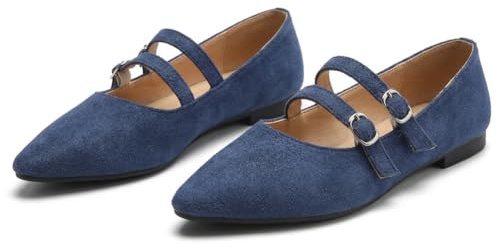 Dernolsea Women Pointed Ballet Flats with Ankle Strap | Soft Faux Suede, Ladies Flat Ballerina Pumps, Dolly Shoes for Wedding Evening Party Dress Office