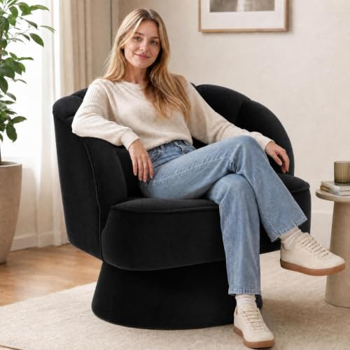 360° Drehbarer Loungesessel – Moderner Barrel Akzentstuhl mit Armlehnen, gestreifter Rückenlehne & weicher Samtpolsterung, komfortabel für Wohnzimmer, Schlafzimmer oder Leseecke – Velvet | Black
