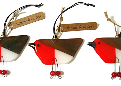 JHSgift Fused glass Robin Christmas hanging decoration with red and white glass body, brown wings with wire and bead feet. 9 x 7 cm