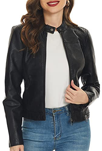 Fahsyee Giacche in ecopelle nera per donna moto PU moto motociclista Outwear cappotto, Nero corvino, XX-Large