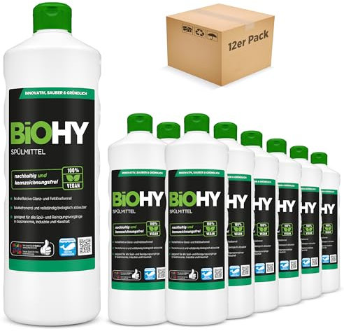 BiOHY Lavavajillas a mano (12 botellas de 1 litro) | Libre de fosfatos | libre de químicos dañinos y biodegradables | Adecuado para la restauración y el hogar (Spülmittel)
