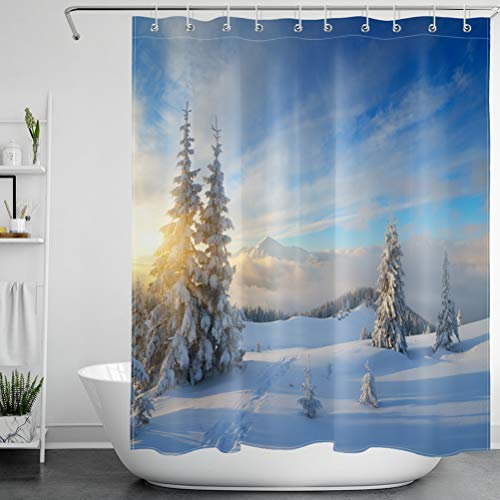 LB Natale Tende da Doccia 180X200CM Paesaggio invernale,montagna di neve,albero di pino Tende da Bagno con Ganci Extra lungo Impermeabile Antimuffa Poliestere Casa Decorazione