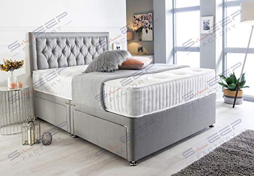 Sleep Factory's Grey Suede Chesterfield Divan Bed Set & Memory Foam Mattress 3FT Single 4FT6 Double 5FT King (4.6FT (Double), 4 Drawers)