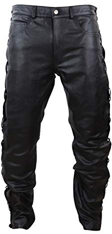 Mens Real Leather Biker Jeans Laced Tassel Western Cowboy Riding Pants Trousers - Black 38