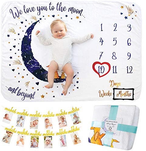ODOXIA Baby Meilenstein Decke | Im Set mit 1 Geburtstag Deko | Foto Monatsdecke Baby Neugeborene Junge oder Mädchen, Unisex | Baby Party-Geschenk | Motiv Mond & Sterne | Weich & Dick