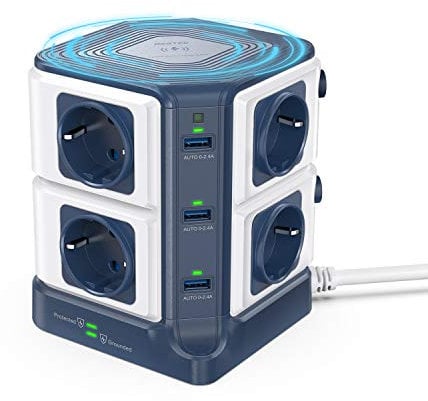 BESTEK Steckdosenleiste mit Induktionsladegerät Qi 10 W, Überspannungsschutz mit 8 EU-Steckdosen und 6 USB-Ports 2,4 A, Mehrfachsteckdosen mit kabelloser Ladestation, 1500J Überspannungsschutz, 3600