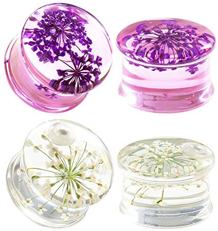 COOEAR 2 Paar Messgeräte Piercing-Sattelstopfen, doppelt ausgestellte Fleisch-Ohr-Tunnel, Acryl-Blumen-Logo-Ohrringe Elegante Krankentragen.